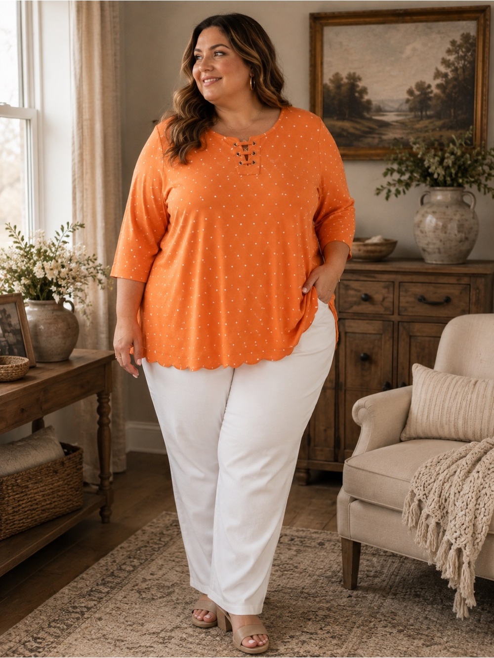 Orange Polka Dot Lace Up Tunic Top 3/4 Sleeve Plus Size Boho Casual Fall Shirt